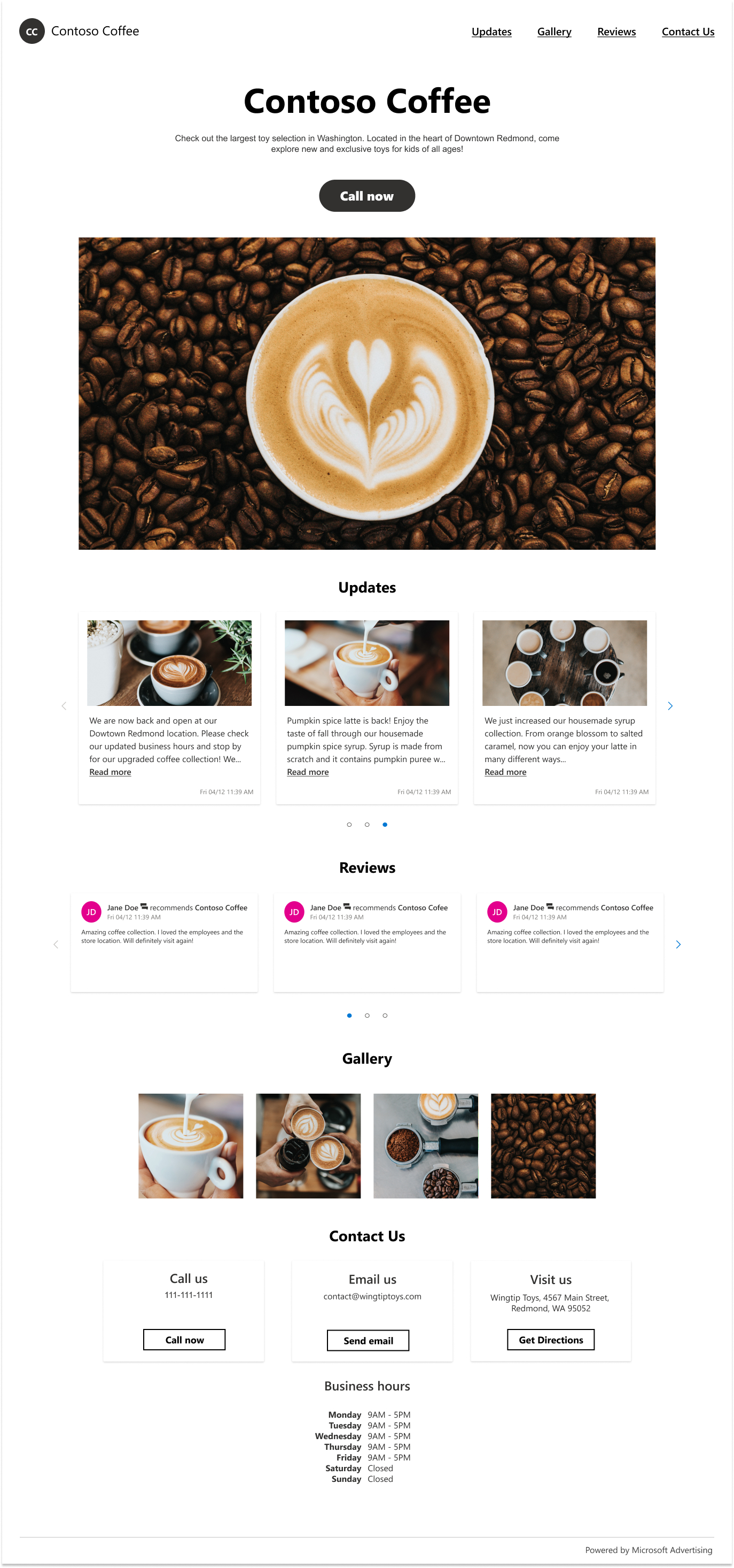 A sample Smart Page from a coffee company.
